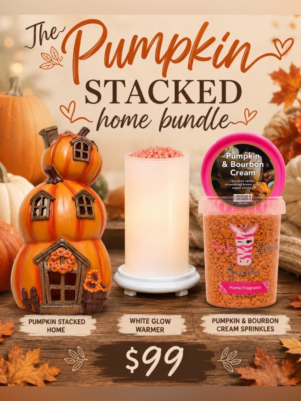 Pumpkin Stacked Home Décor Bundle With Simmer Light and 2 bags of Wax Melts